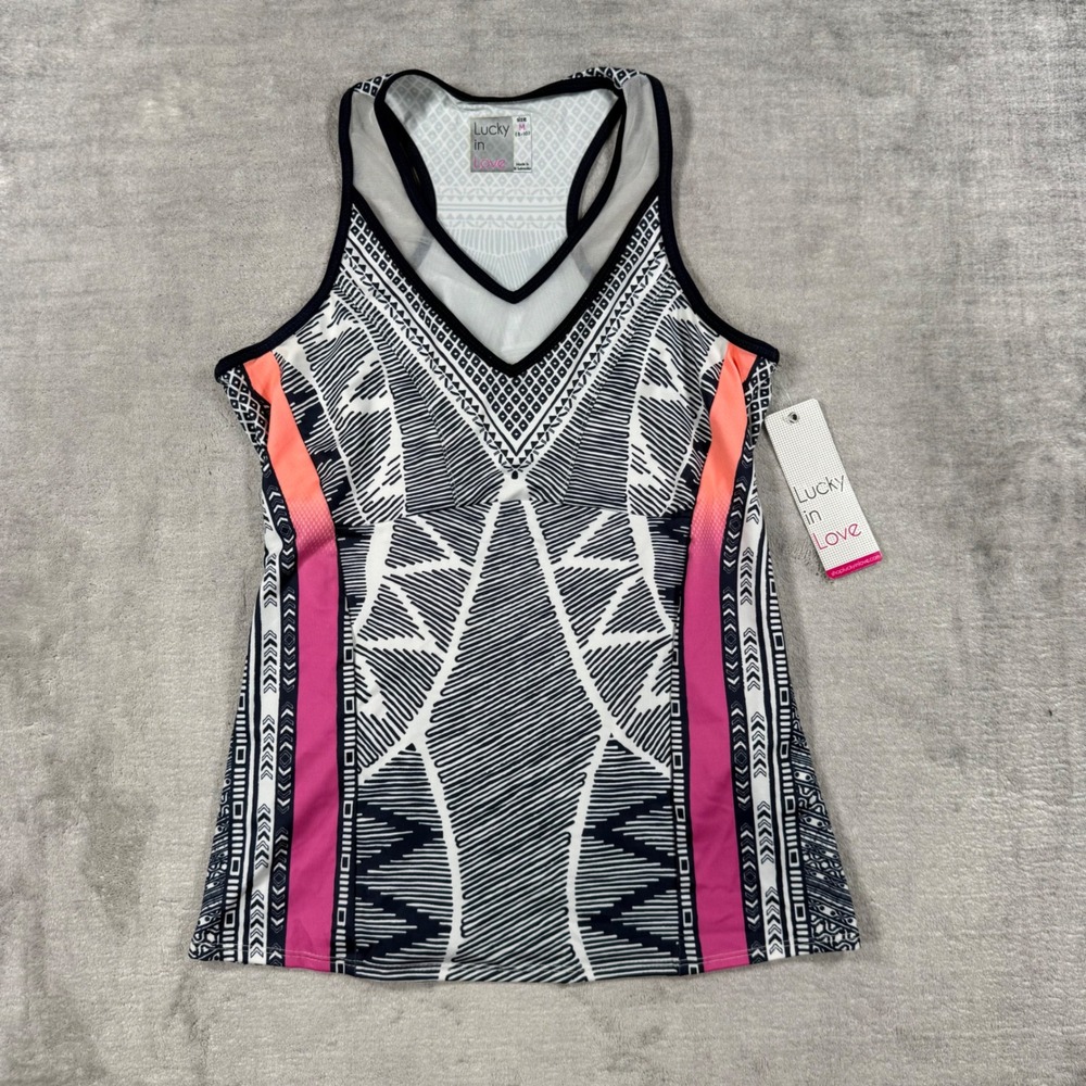 Lucky in Love Tank Top Womens Medium Pink Geometric Vaportex Tennis Racerback